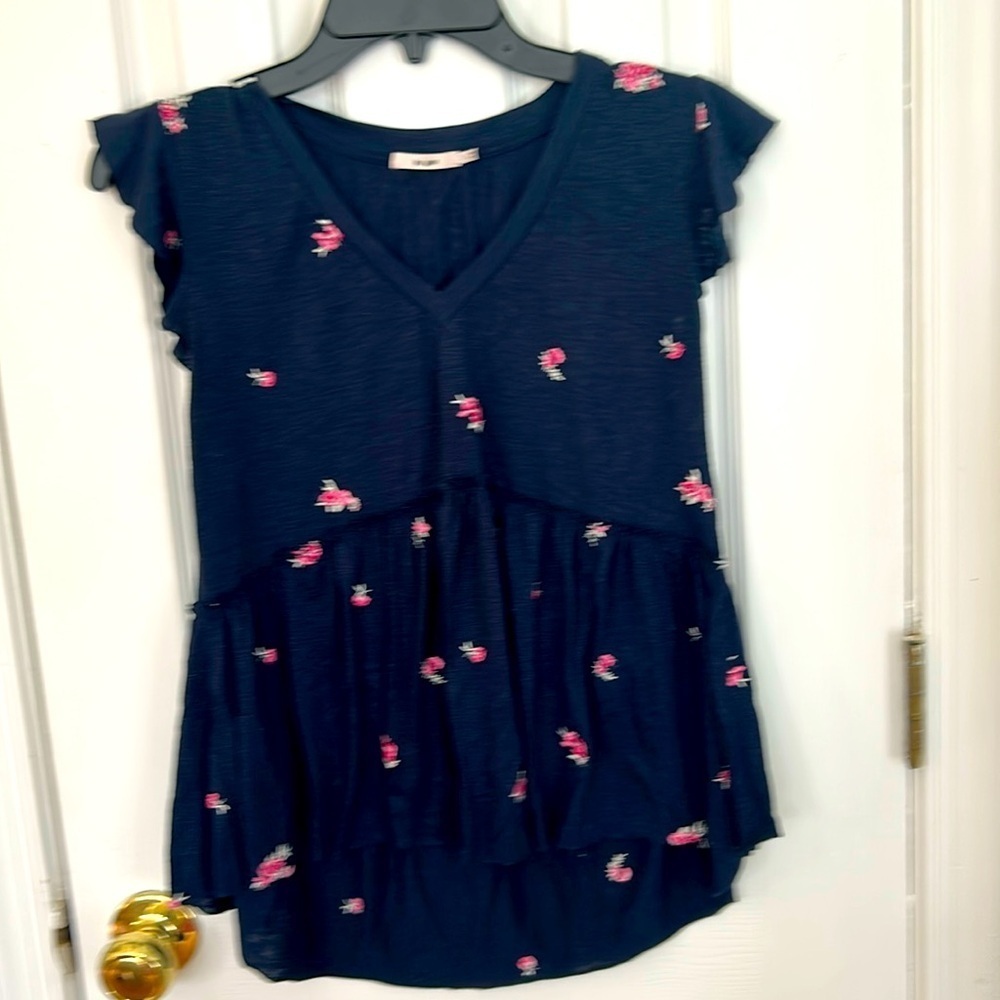 Francesca’s Blue Rain Top Embroidered Navy Blue Babydoll Blouse